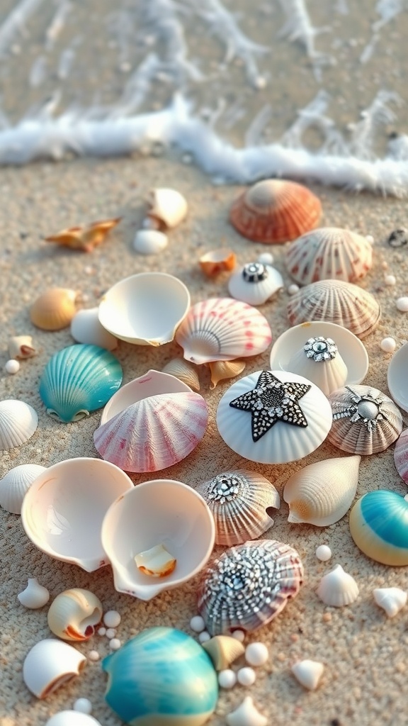 A collection of colorful clam shell crafts displayed against a beach backdrop, showcasing creativity and coastal charm.